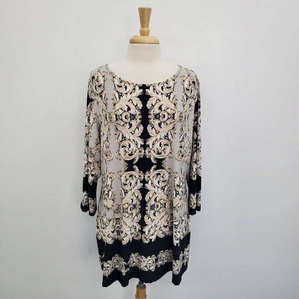 Dressbarn Womens 3/4 Sleeve Paisley Print Tunic Top Plus Size 1X Beige‎ Black